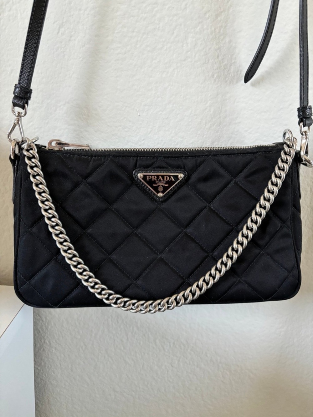PRADA!! Authentic Prada bag! Black Quilted Nylon Bag with Silver Chain! Offers!